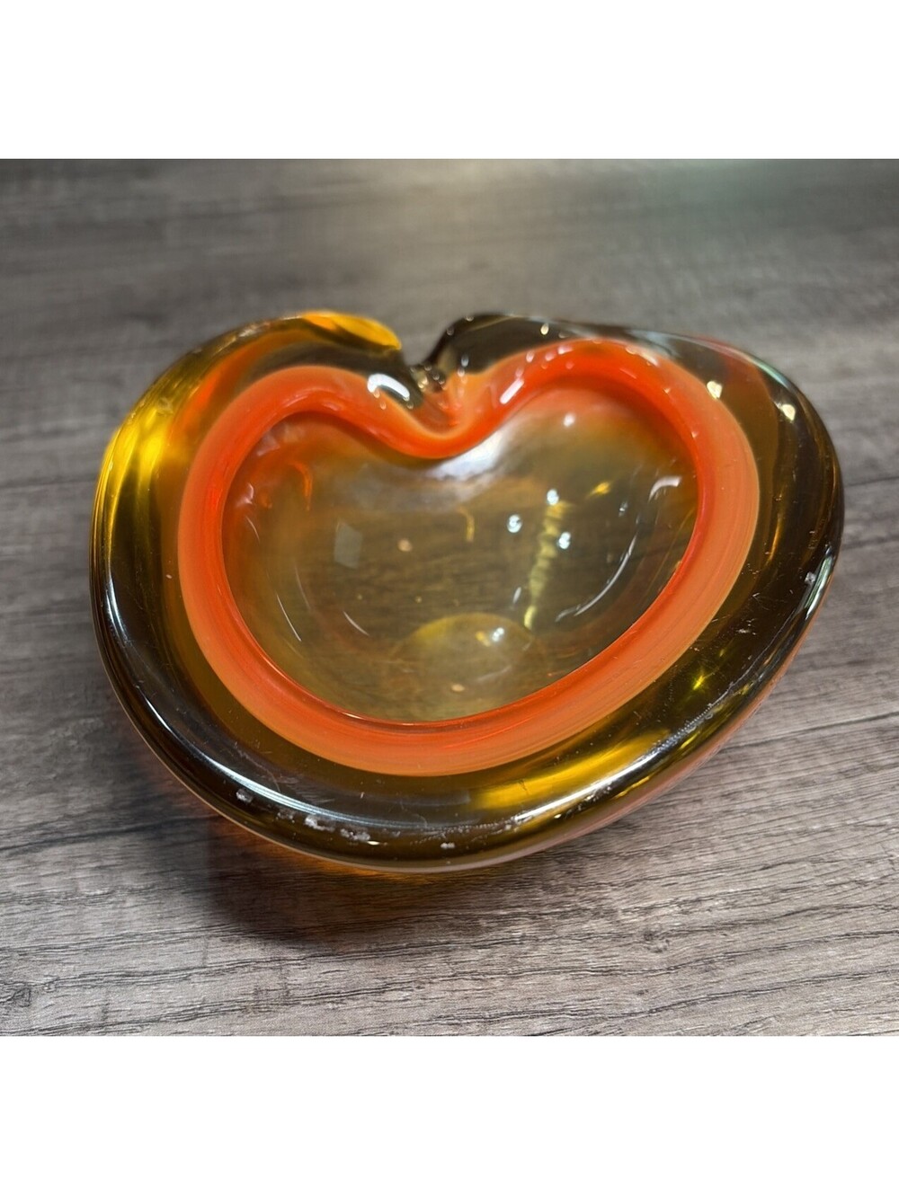 Murano Glass Ashtray VTG MCM 6" Bowl Orange Italy Cigar Sommerso Amber Geode